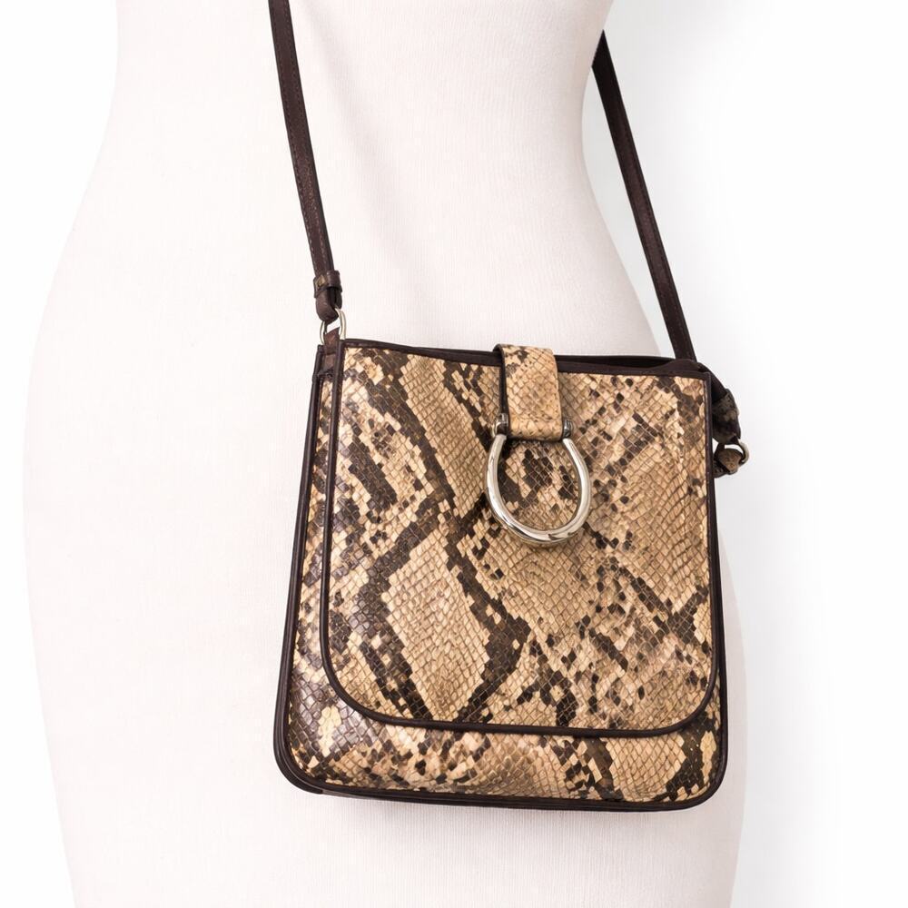 Brighton Snakeskin Leather Crossbody Bag Horseshoe Hardware Brown